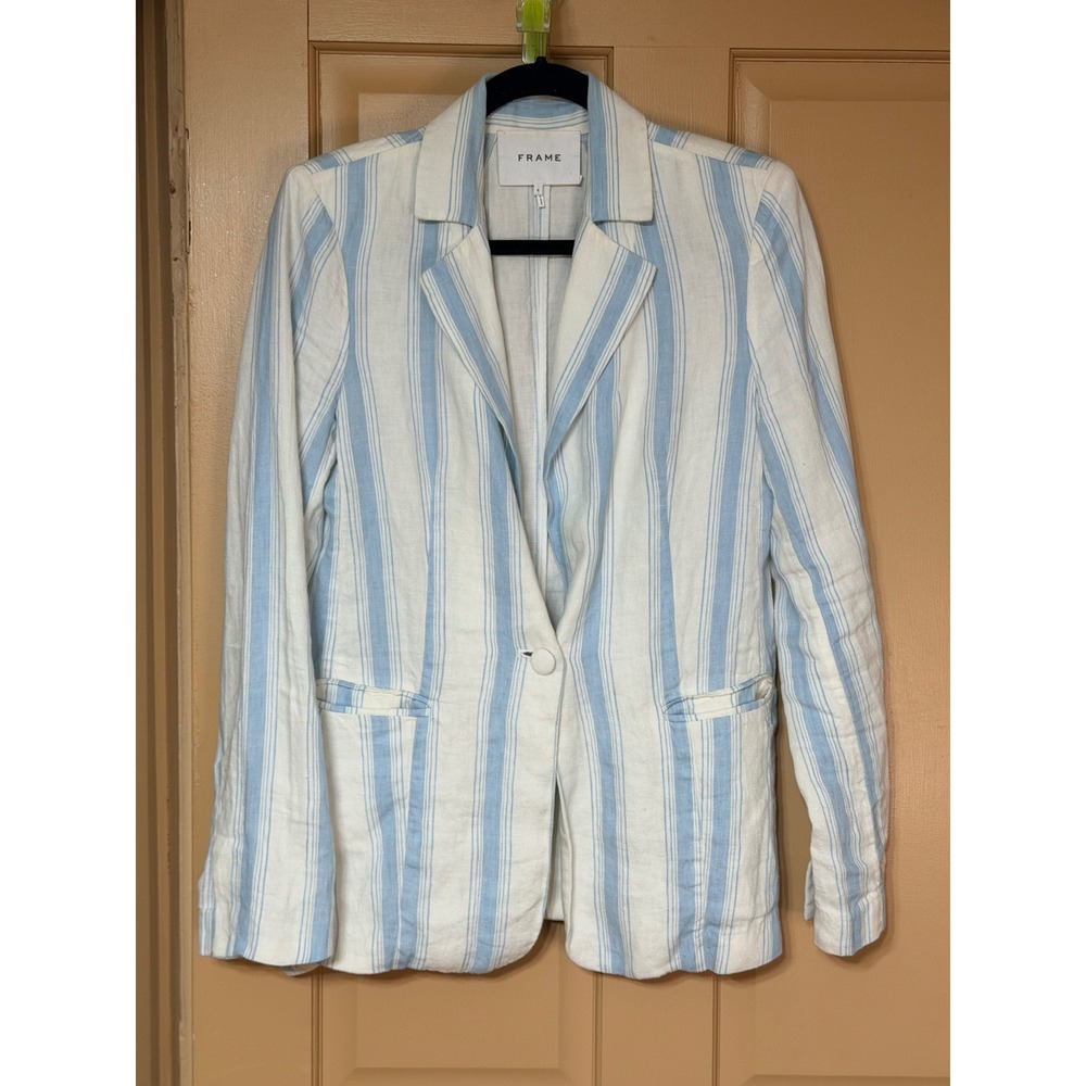 FRAME Linen Blend Striped Blazer Light Blue White Single Button Size 6